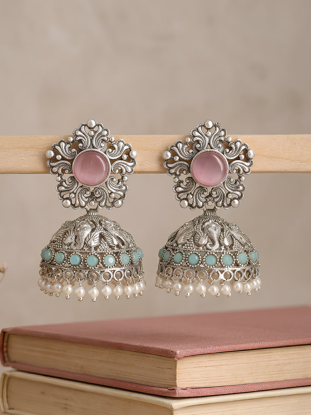 Pink Turquoise Silver-Plated Jhumki Earrings