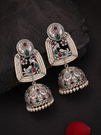 Silver finish Peacock Jhumka Pearl Earrings