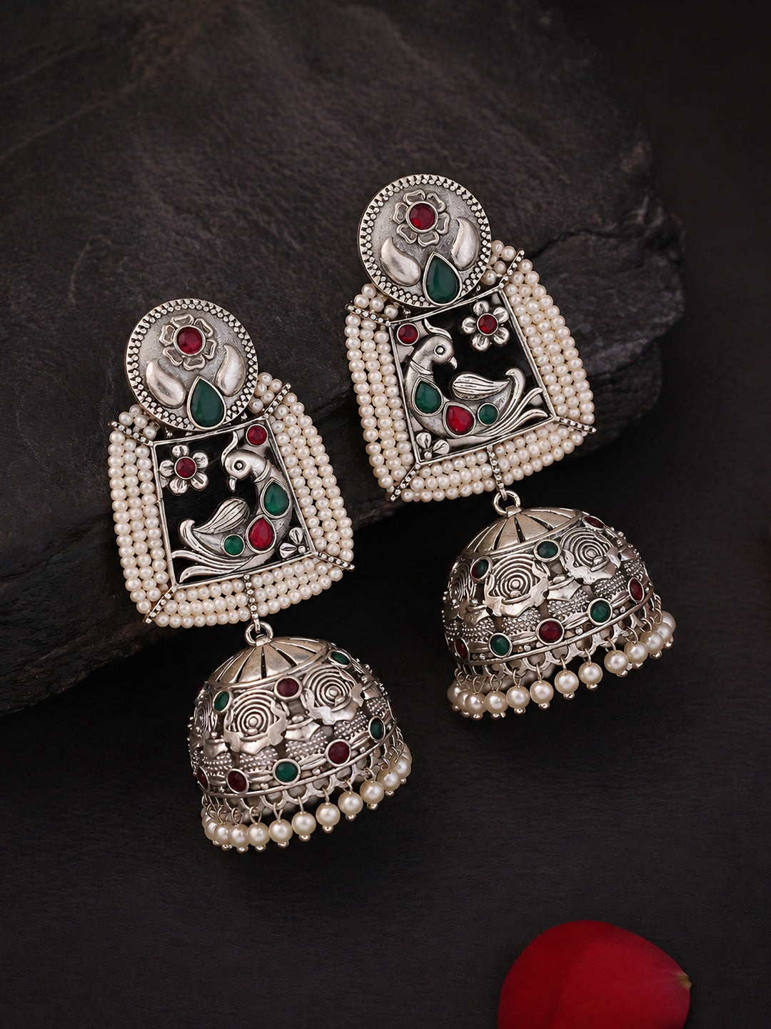 Silver finish Peacock Jhumka Pearl Earrings