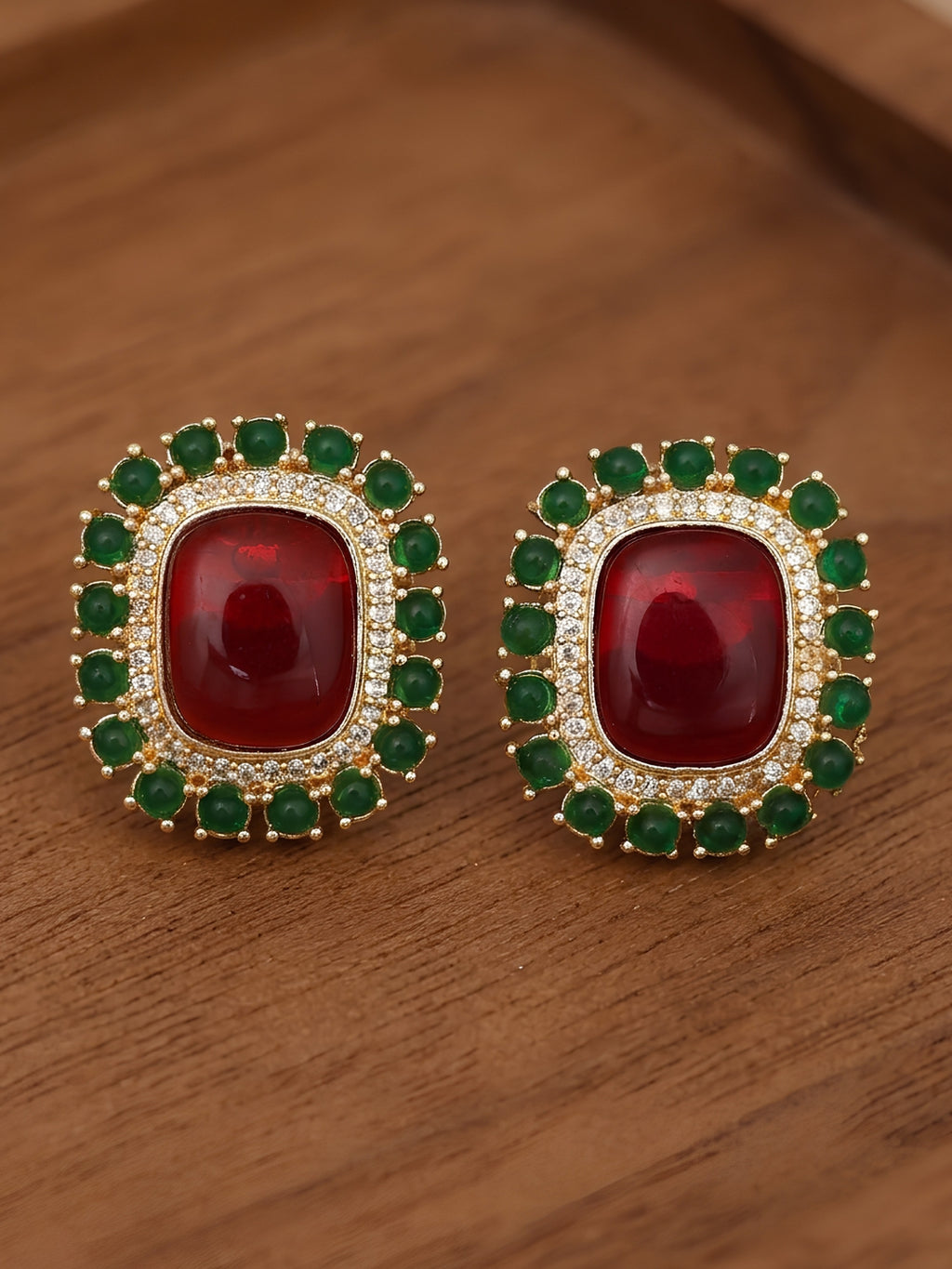Red Green Gold Finish Stud Earrings