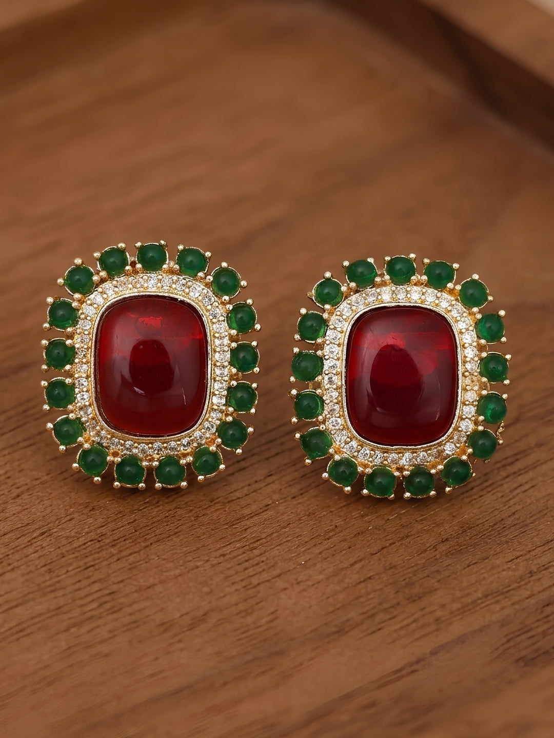 Red Green Gold Finish Stud Earrings