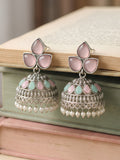 Pink & Turquoise Jhumka Earrings — Silver Finish with Pearl Drops