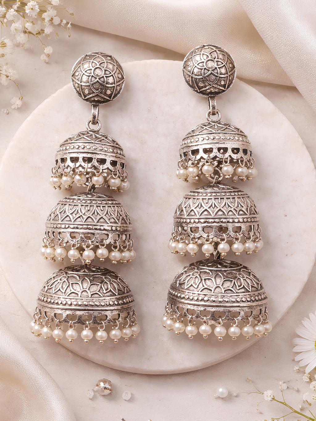 Vintage Silver finish Layered Jhumki Earrings