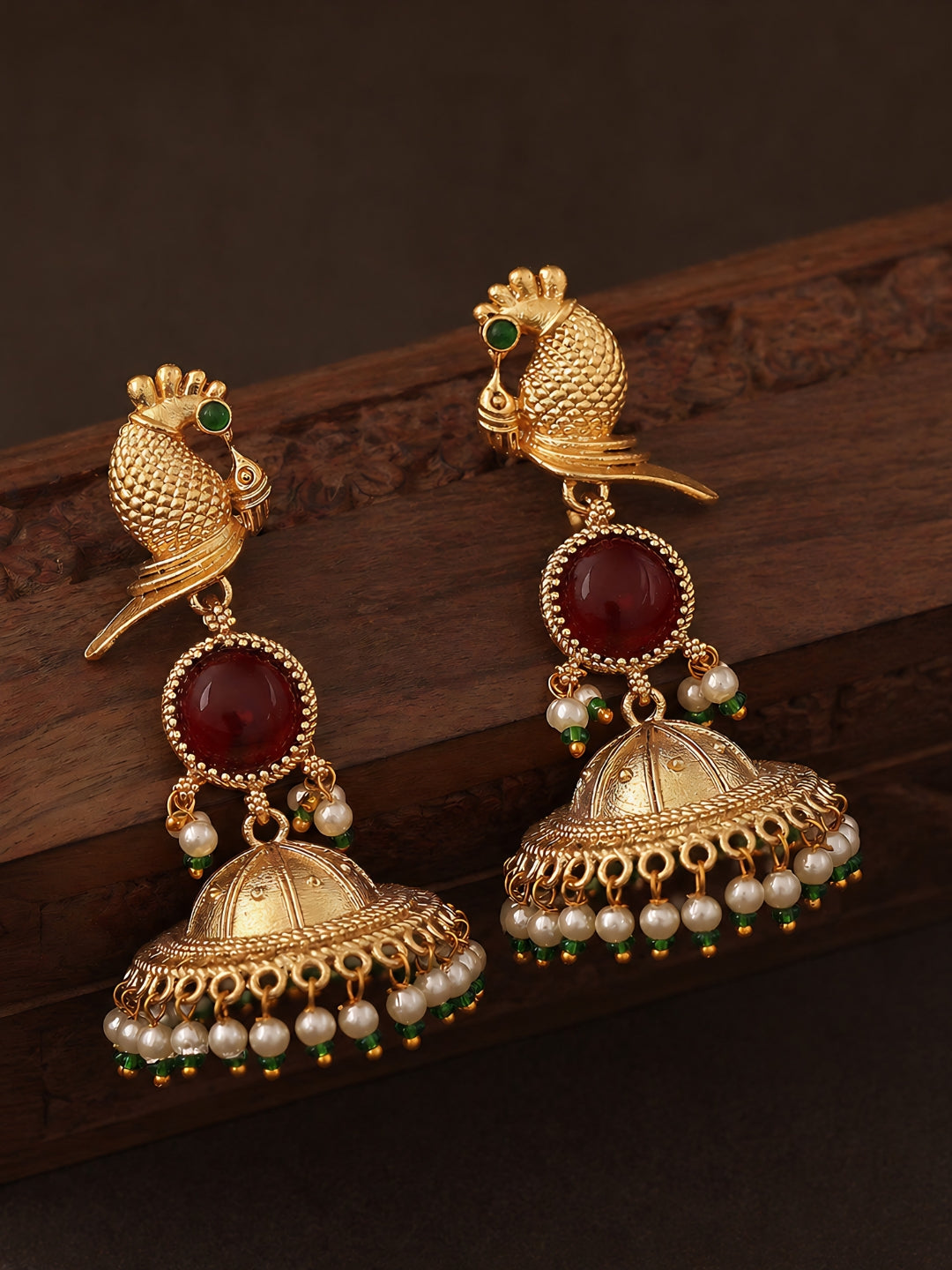 Gold Finish Red Stone Peacock Jhumka Earrings