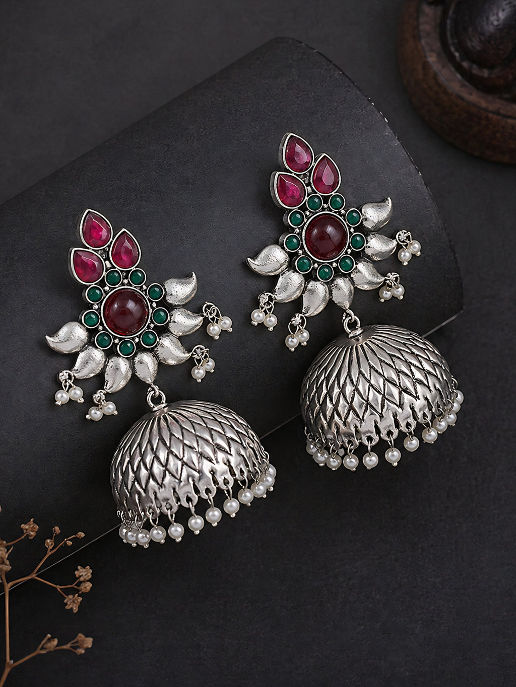 Red Green Floral Silver finish Jhumki Earrings