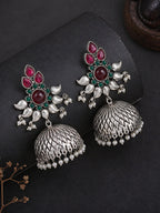 Red Green Floral Silver finish Jhumki Earrings