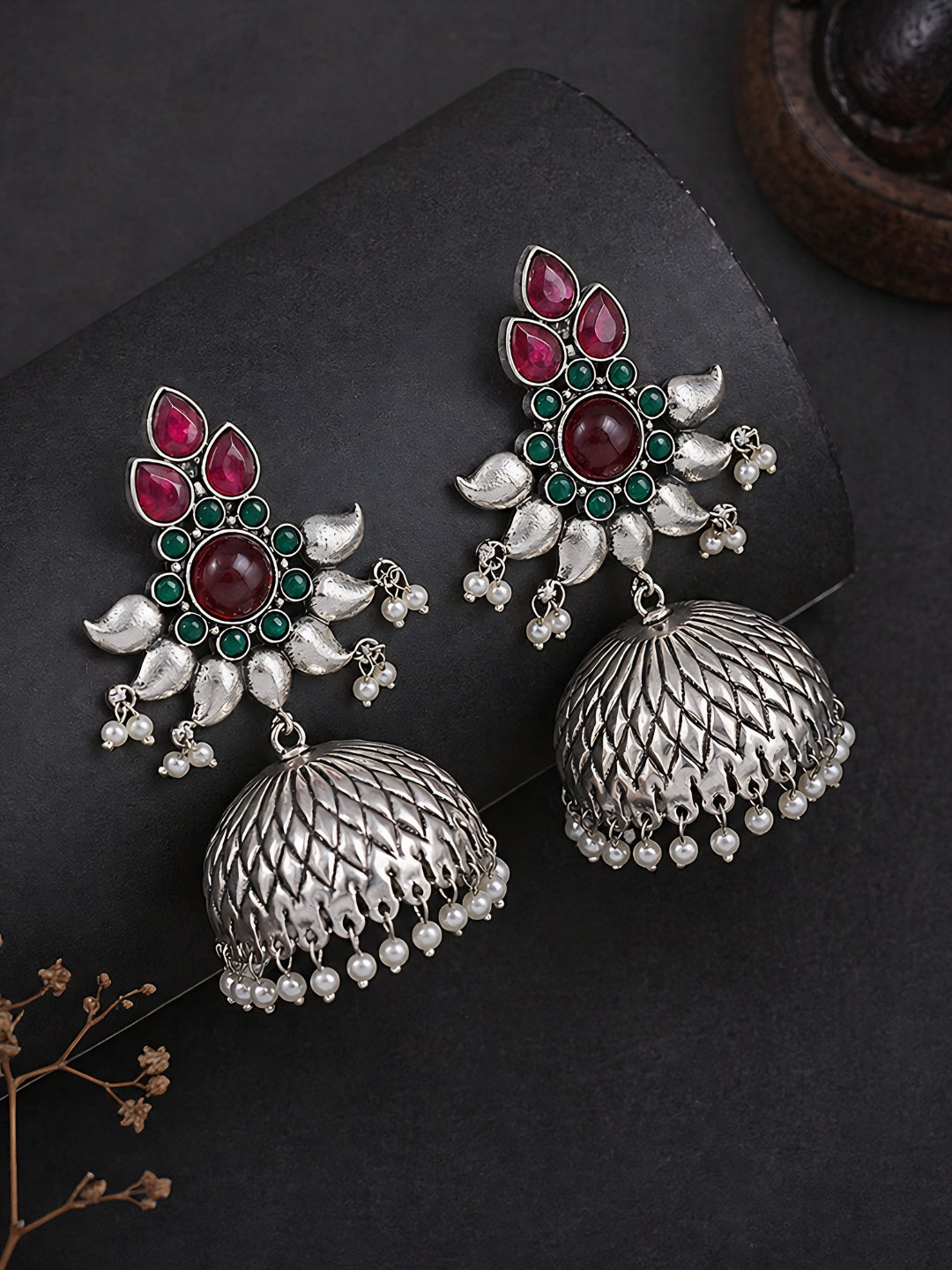 Red Green Floral Silver finish Jhumki Earrings