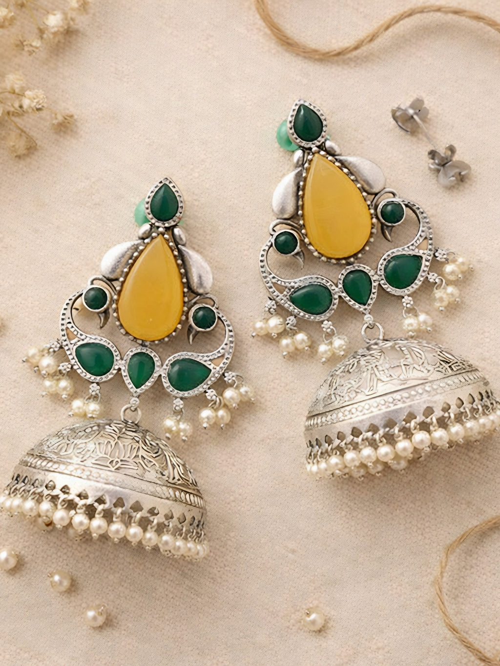 Silver-Finish Green Yellow Jhumka Earrings
