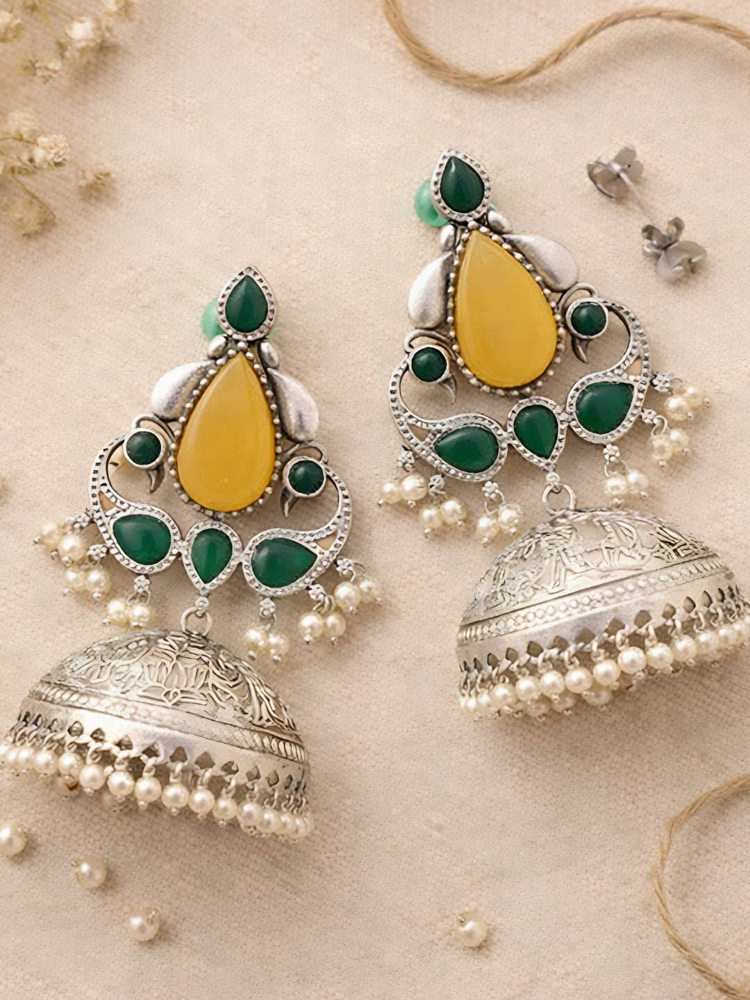 Silver-Finish Green Yellow Jhumka Earrings