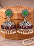 Silver Finish Red Green Jhumka Earrings