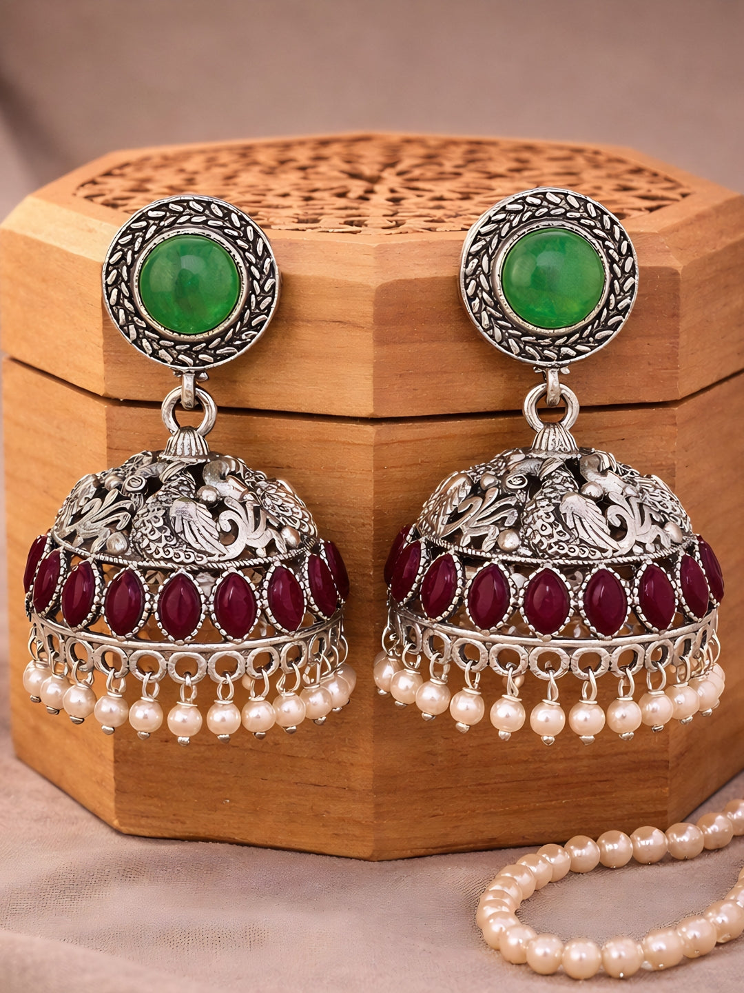 Silver Finish Red Green Jhumka Earrings