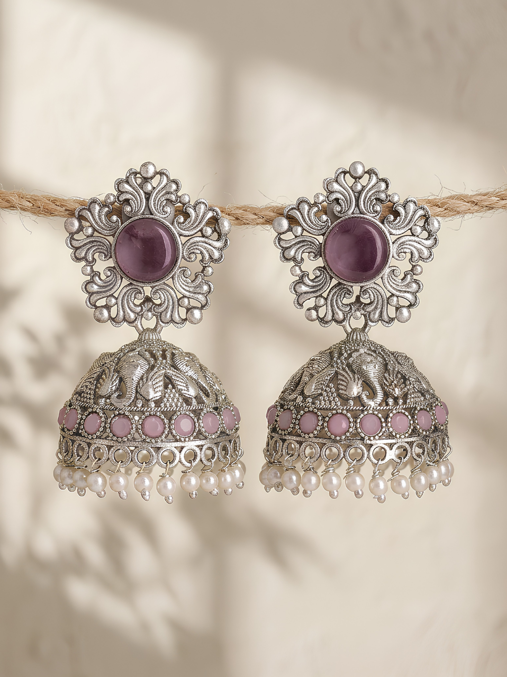 Purple Pink Elephant Jhumki Earrings