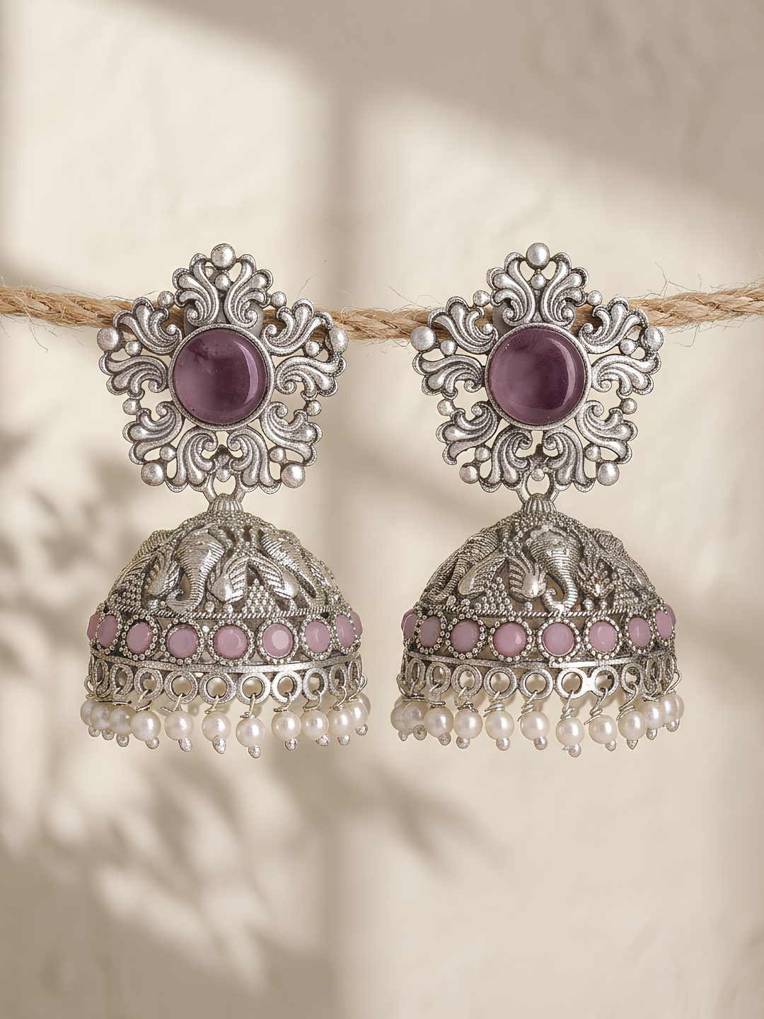 Purple Pink Elephant Jhumki Earrings