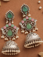 Pink Turquoise Pearl Drop Jhumka Earrings