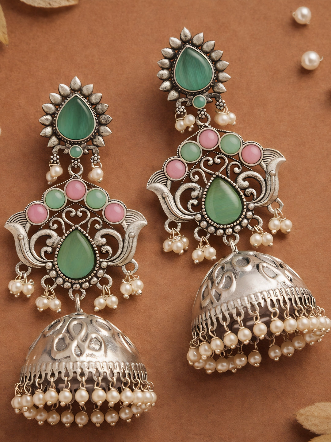 Pink Turquoise Pearl Drop Jhumka Earrings