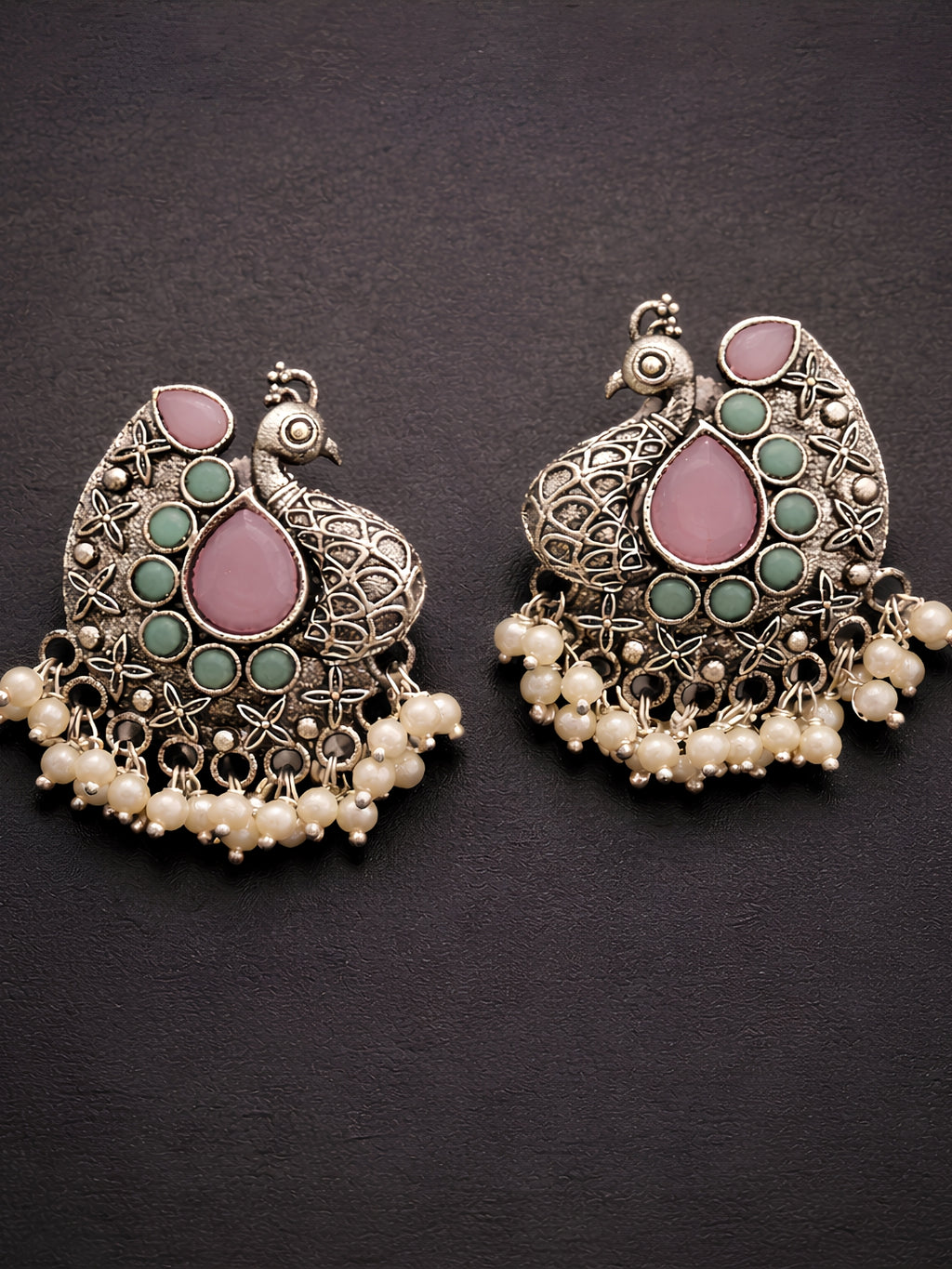 Pink Peacock Pearl Drop Silver finish Studs