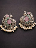 Pink Peacock Pearl Drop Silver finish Studs