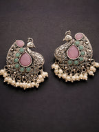 Pink Peacock Pearl Drop Silver finish Studs
