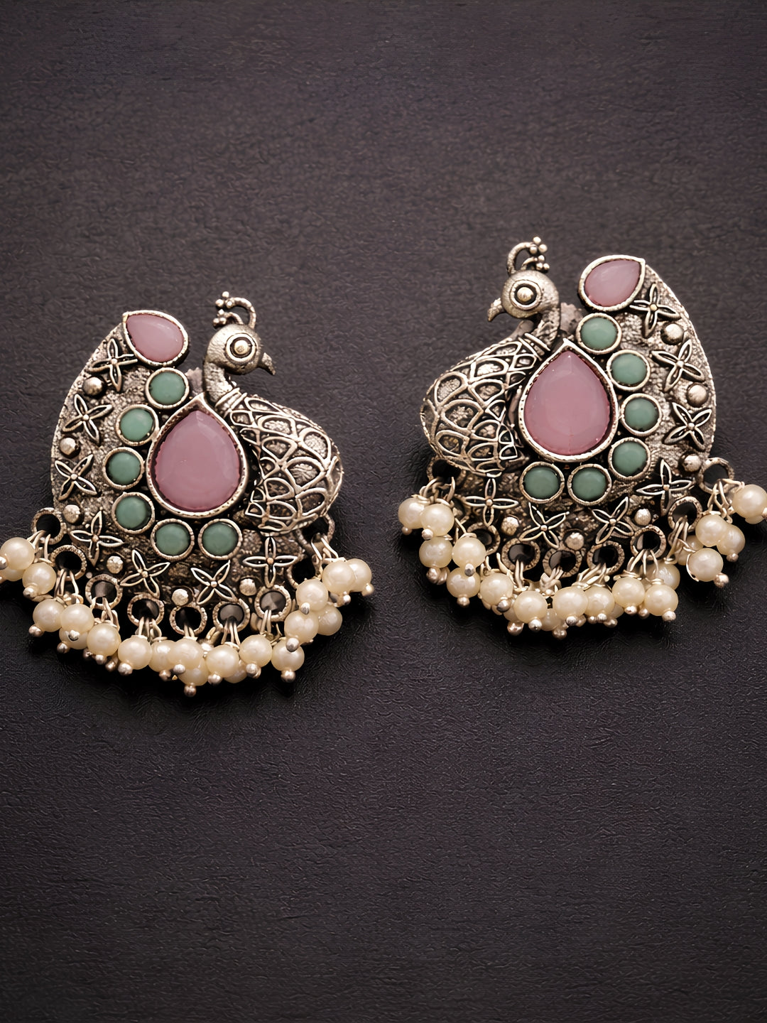 Pink Peacock Pearl Drop Silver finish Studs