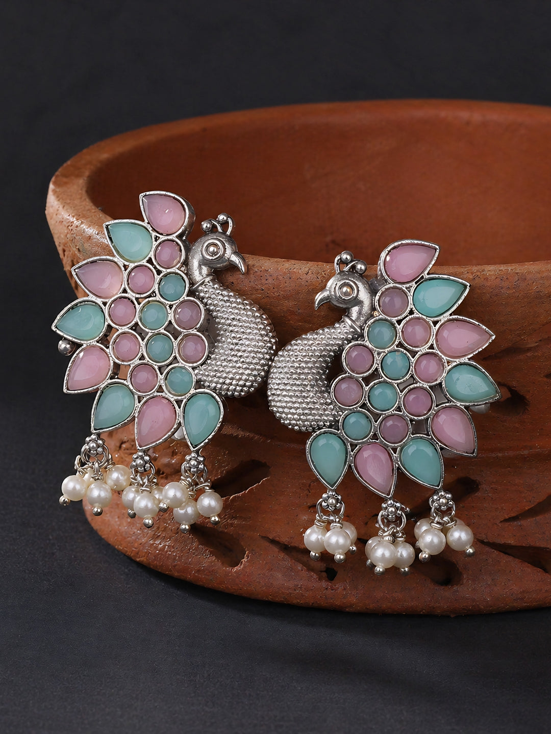 Peacock Pink Turquoise Silver Tone Studs