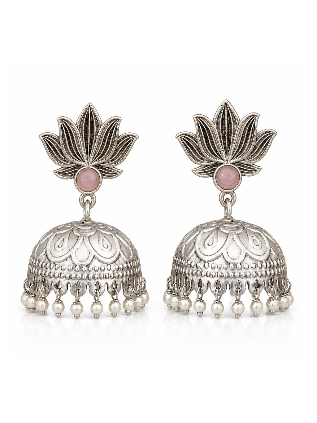 Pink Stone Lotus Silver finish Jhumki Earrings