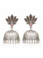 Pink Stone Lotus Silver finish Jhumki Earrings