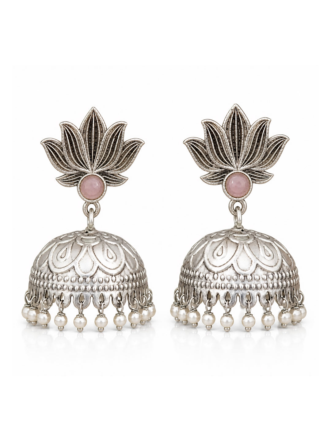 Pink Stone Lotus Silver finish Jhumki Earrings