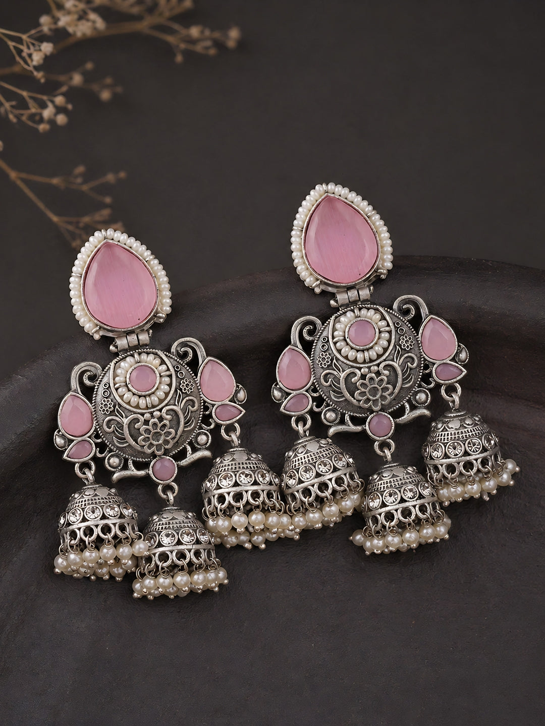 Silver-Finish Pink Stone Pearl Dangler Earrings