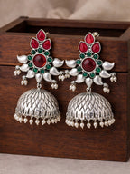 Silver-Finish Red Green Floral Jhumki Earrings