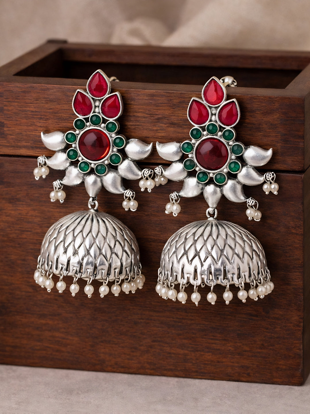 Silver-Finish Red Green Floral Jhumki Earrings