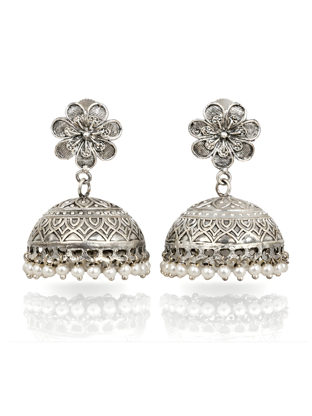 Silver finish Floral Pearl Jhumki Earrings