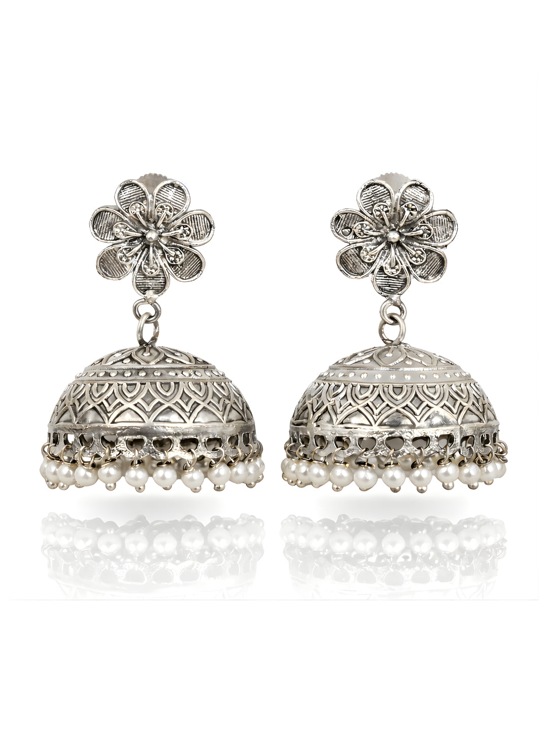 Silver finish Floral Pearl Jhumki Earrings