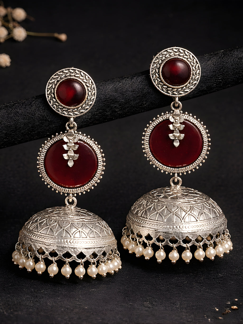 Silver Finish Ruby Red Leaf Disc Jhumki Earrings