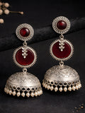 Silver Finish Ruby Red Leaf Disc Jhumki Earrings