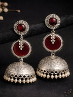 Silver Finish Ruby Red Leaf Disc Jhumki Earrings