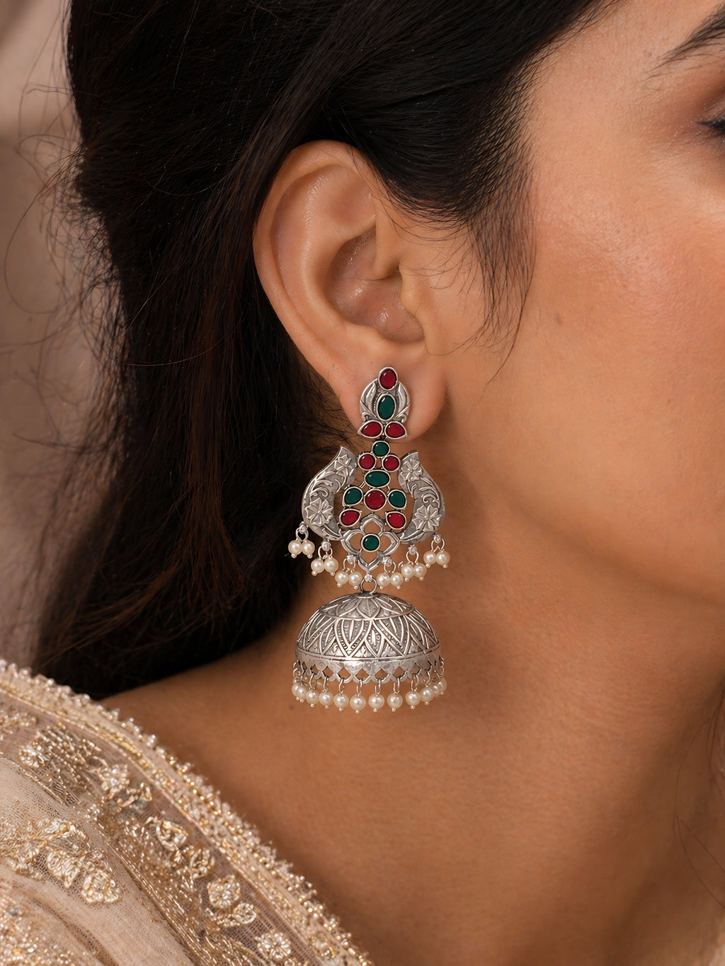Silver Finish Red Green Peacock Jhumki Earrings