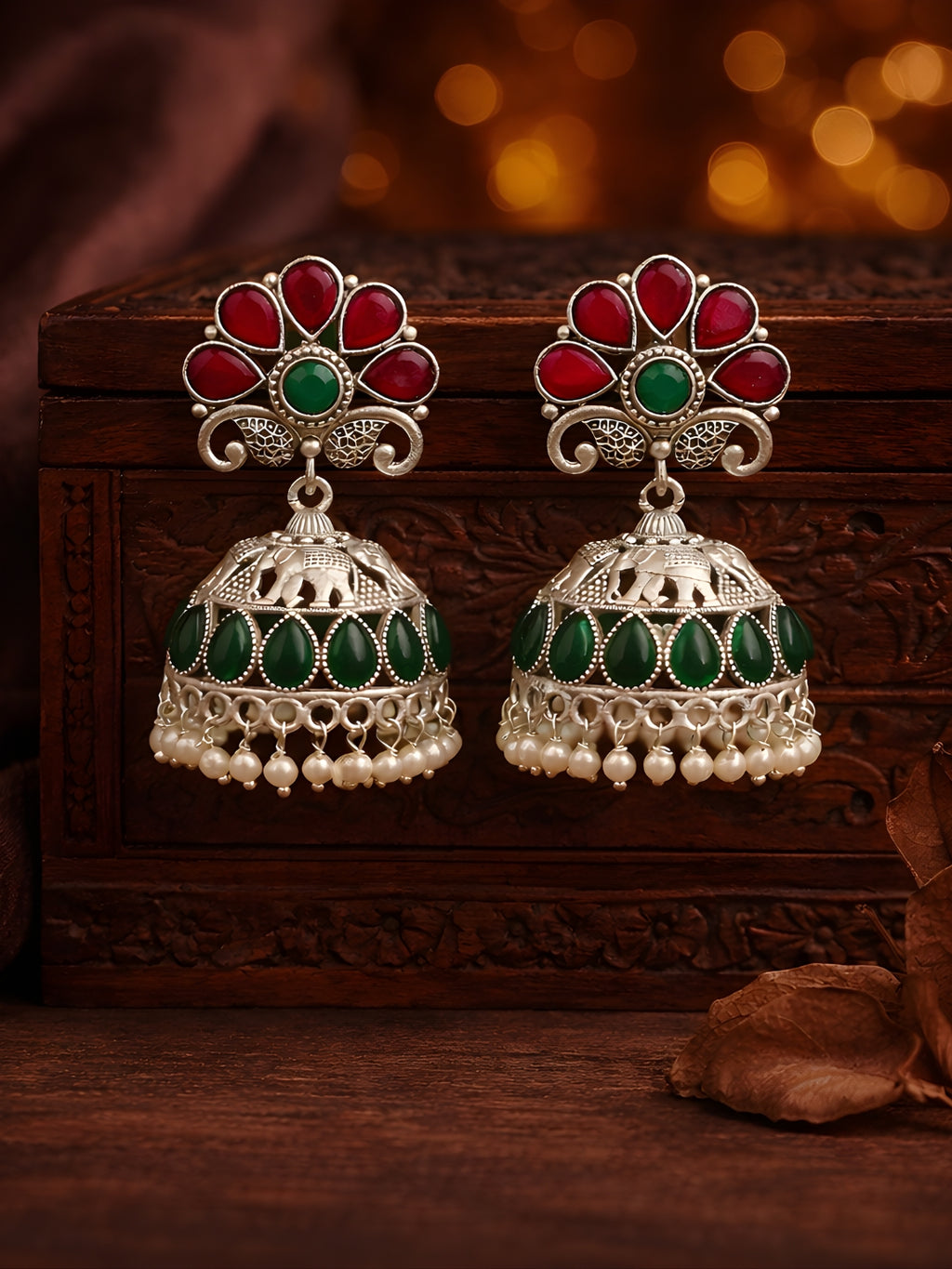 Silver Finish Elephant Red Green Jhumki Earrings