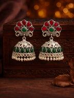 Silver Finish Elephant Red Green Jhumki Earrings