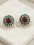 Red Green Floral Silver finish Stud Earrings