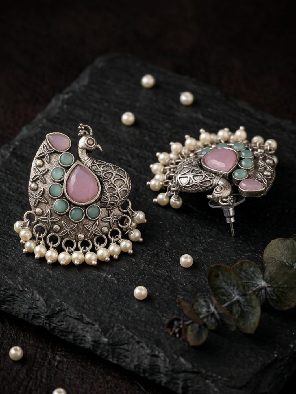 Pink Peacock Pearl Drop Stud Earrings — Silver Finish