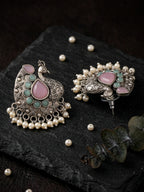 Pink Peacock Pearl Drop Stud Earrings — Silver Finish