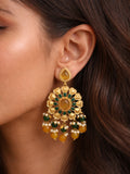 Gold Finish Green Yellow Floral Dangler Earrings