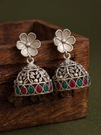 Floral Red & Green Stone Jhumka Earrings — Silver Tone