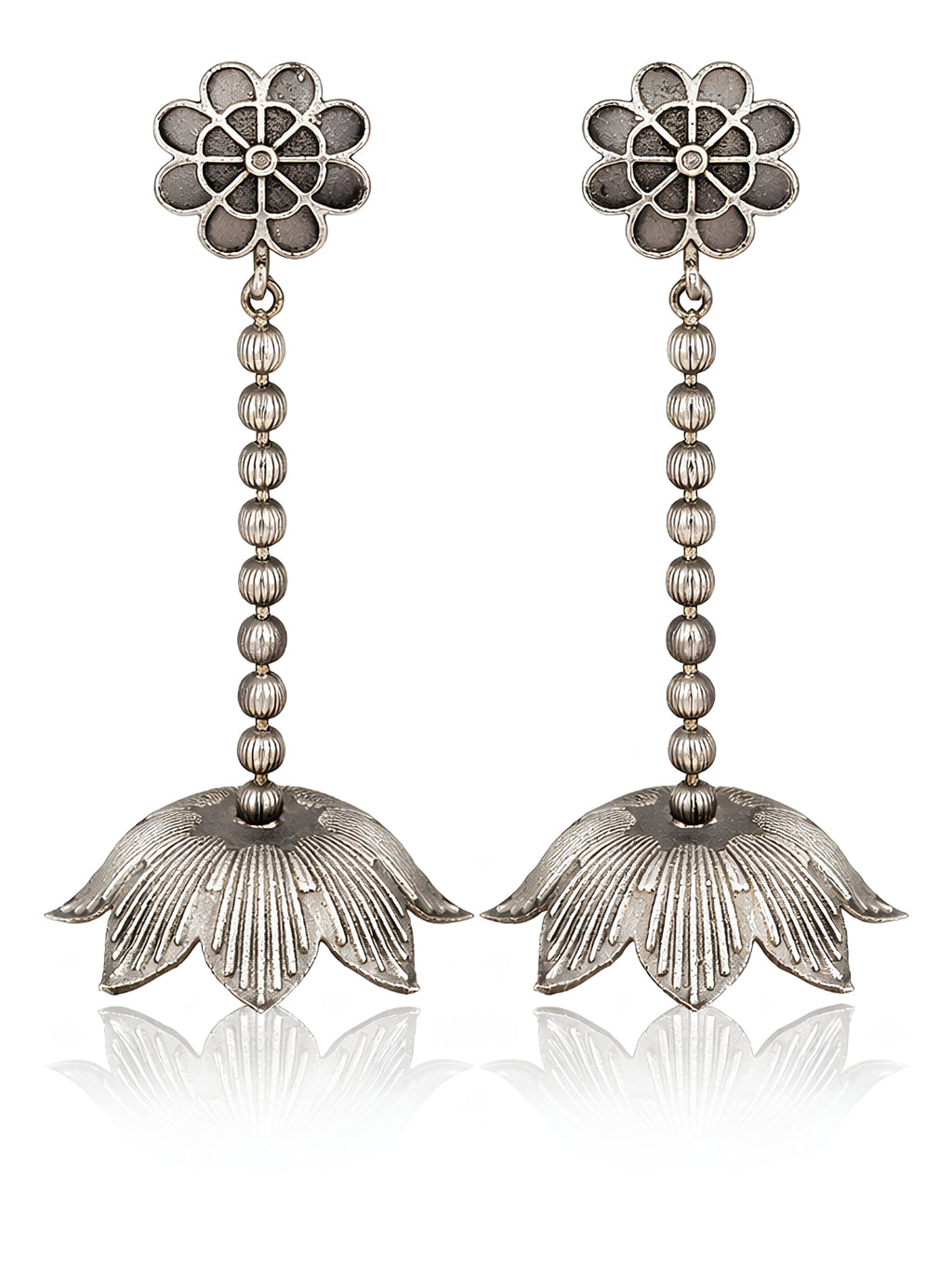 Floral Drop Silver tone Jhumki Earrings