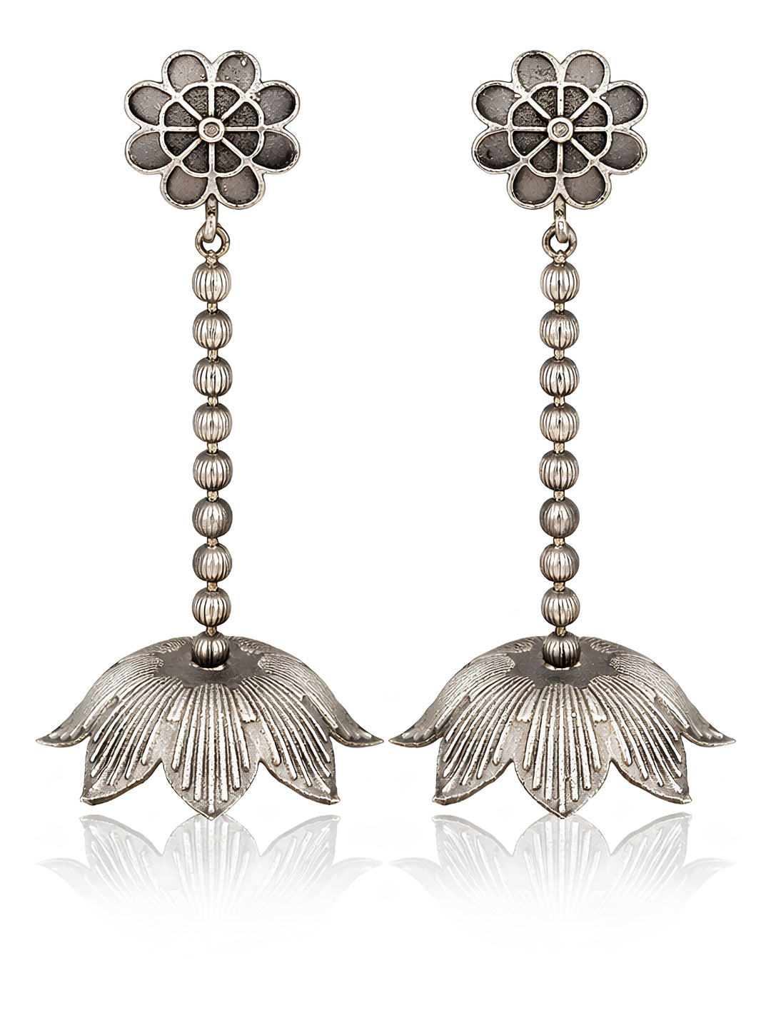 Floral Drop Silver tone Jhumki Earrings