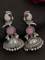 Pink Peacock Silver-Finish Jhumka Earrings