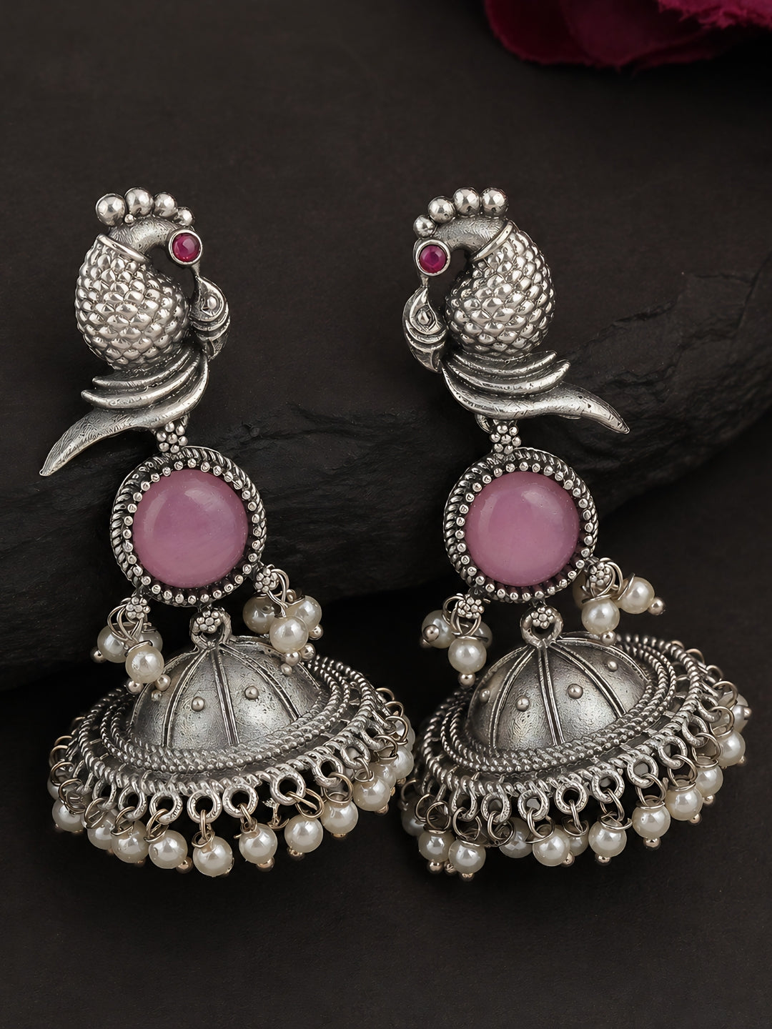 Pink Peacock Silver-Finish Jhumka Earrings