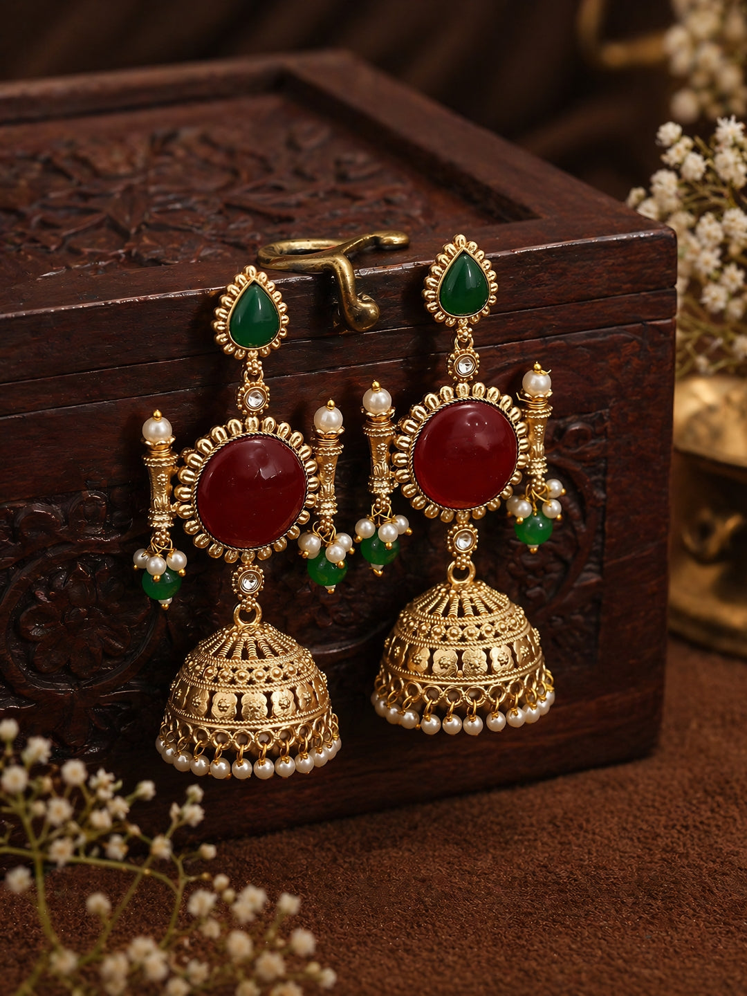 Gold Finish Red Green Jhumki Earrings