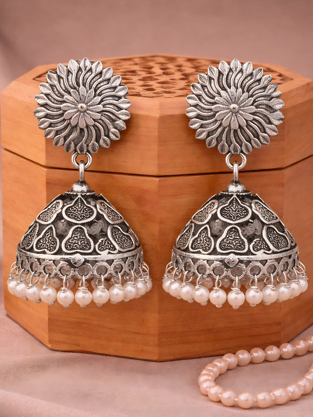 Floral Dome Pearl Silver tone Jhumka