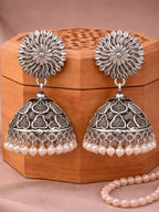 Floral Dome Pearl Silver tone Jhumka